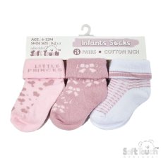 S506-P-NB-3: Pink 3 Pack Turnover Socks (NB-3 Months)
